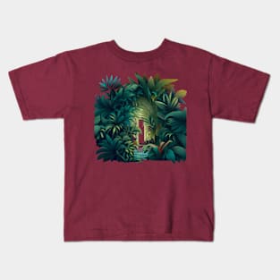 A design featuring a lush jungle scene with a hidden oasis tucked away within it. Kids T-Shirt